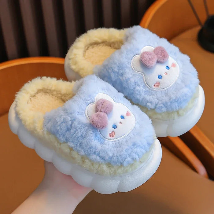 2024 New Winter Cute Rabbit Bear Cotton Flip Flops Children's Plush Slippers For Girls Boys Home Indoor Fluffy Mule Kids Shoes