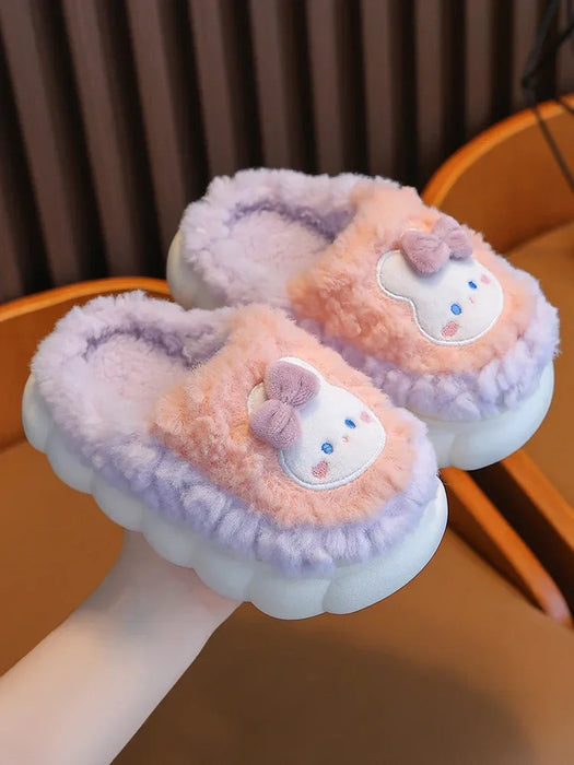 2024 New Winter Cute Rabbit Bear Cotton Flip Flops Children's Plush Slippers For Girls Boys Home Indoor Fluffy Mule Kids Shoes