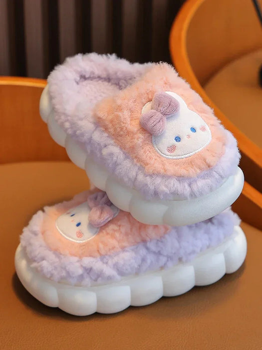 2024 New Winter Cute Rabbit Bear Cotton Flip Flops Children's Plush Slippers For Girls Boys Home Indoor Fluffy Mule Kids Shoes