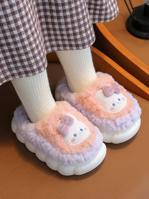 2024 New Winter Cute Rabbit Bear Cotton Flip Flops Children's Plush Slippers For Girls Boys Home Indoor Fluffy Mule Kids Shoes