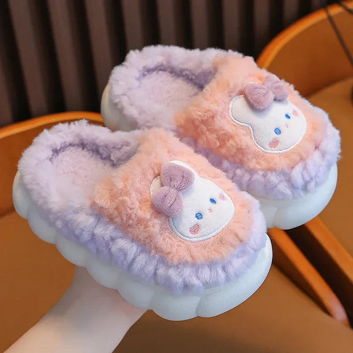 2024 New Winter Cute Rabbit Bear Cotton Flip Flops Children's Plush Slippers For Girls Boys Home Indoor Fluffy Mule Kids Shoes