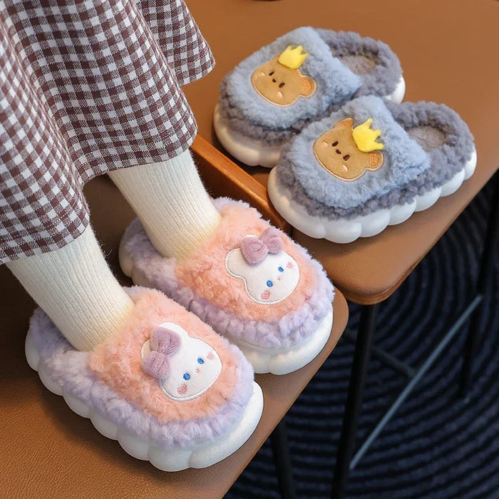 2024 New Winter Cute Rabbit Bear Cotton Flip Flops Children's Plush Slippers For Girls Boys Home Indoor Fluffy Mule Kids Shoes