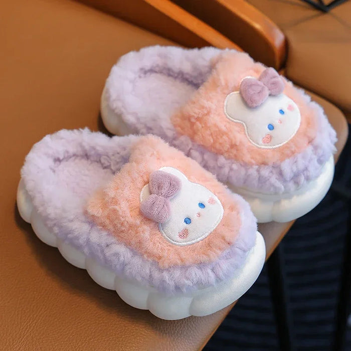 2024 New Winter Cute Rabbit Bear Cotton Flip Flops Children's Plush Slippers For Girls Boys Home Indoor Fluffy Mule Kids Shoes