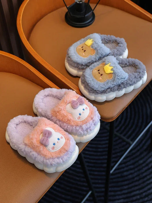 2024 New Winter Cute Rabbit Bear Cotton Flip Flops Children's Plush Slippers For Girls Boys Home Indoor Fluffy Mule Kids Shoes