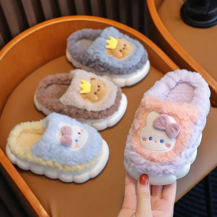 2024 New Winter Cute Rabbit Bear Cotton Flip Flops Children's Plush Slippers For Girls Boys Home Indoor Fluffy Mule Kids Shoes